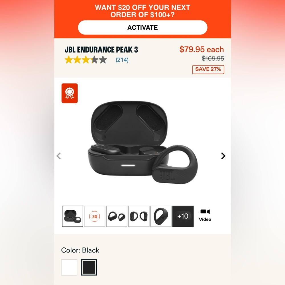 JBL Endurance Peak 3 True Wireless Earbuds in Black
